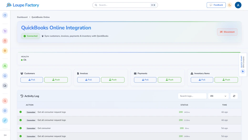 Loupe Factory QuickBooks Online integration showing customer, invoice, payment, and inventory sync.