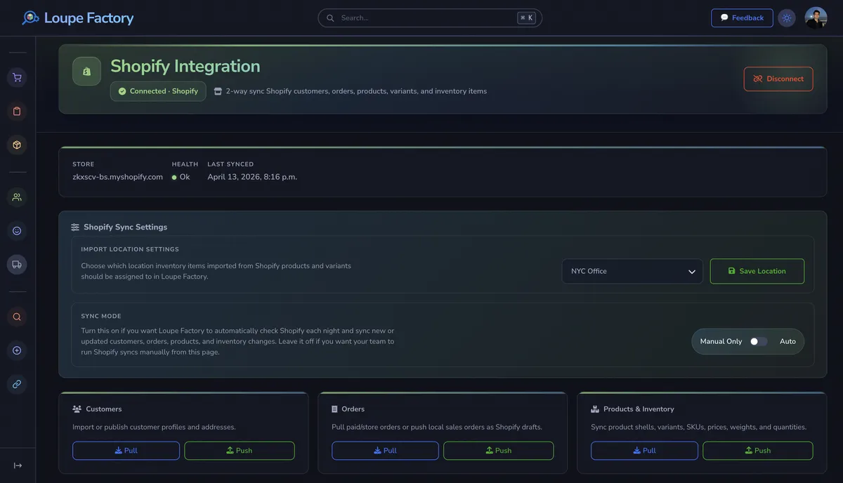 Loupe Factory Shopify integration showing customer, order, and product sync controls in dark mode.