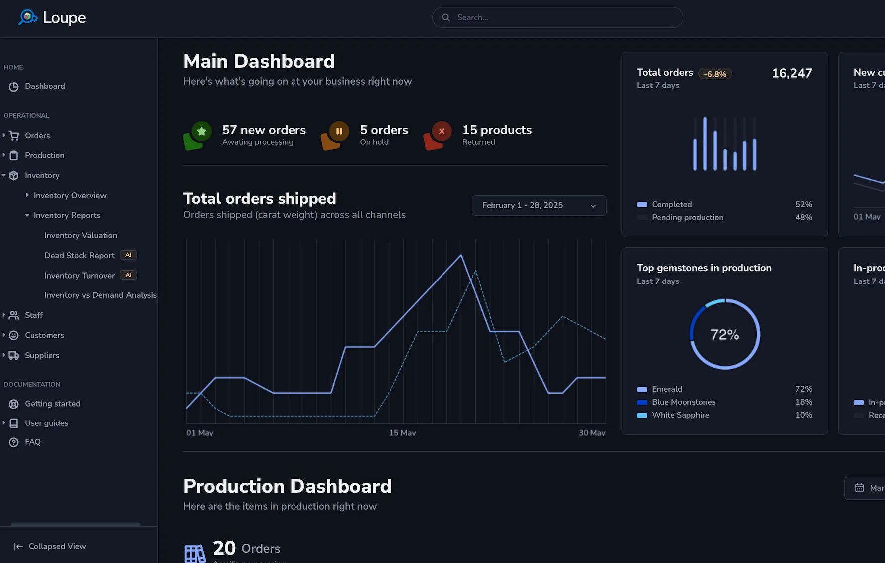 Loupe Factory operations dashboard preview for teams and inventory (dark)