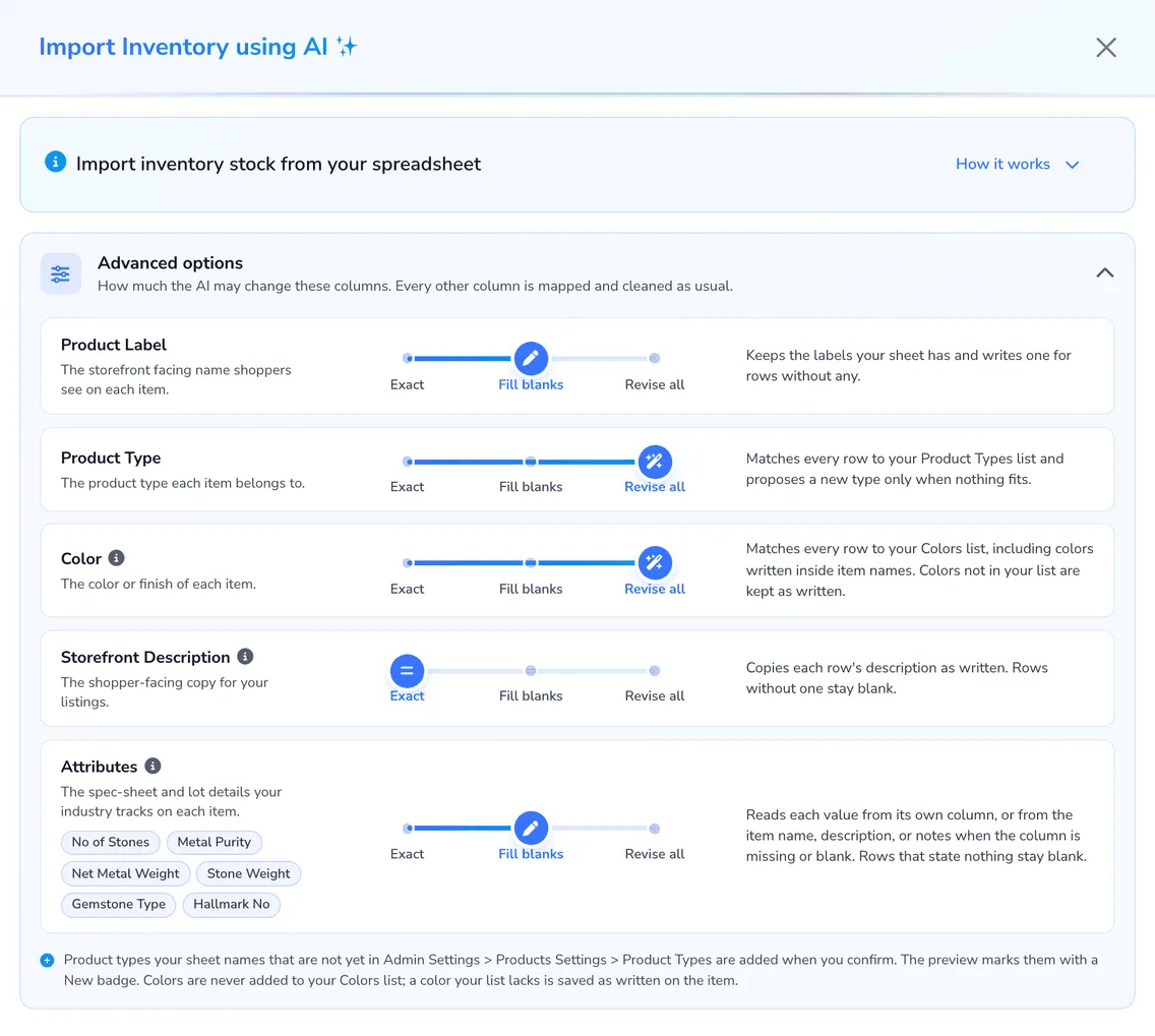 Advanced options in Import Inventory using AI, with a level slider for Product Label set to Fill blanks, Product Type and Color set to Revise all, Storefront Description set to Exact, and Attributes set to Fill blanks, each with a note on what that level does.
