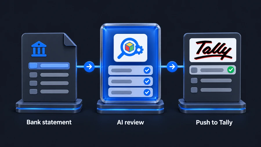 Loupe Factory Tally Prime bank import workflow in dark mode.