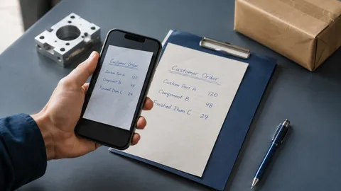 A hand holding a phone with a photographed customer order above a blue clipboard, beside a machined component and a shipping parcel.