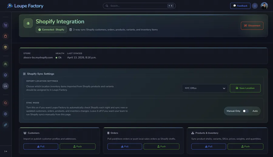 Loupe Factory Shopify integration showing customer, order, and product sync controls in dark mode.