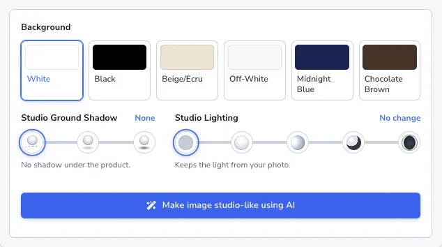 The AI image studio options: White, Black, Beige/Ecru, Off-White, Midnight Blue, and Chocolate Brown backgrounds, ground shadow and lighting sliders, and the Make image studio-like using AI button.