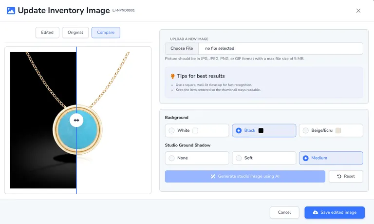 Loupe Factory AI Studio Images for Inventory comparison view.