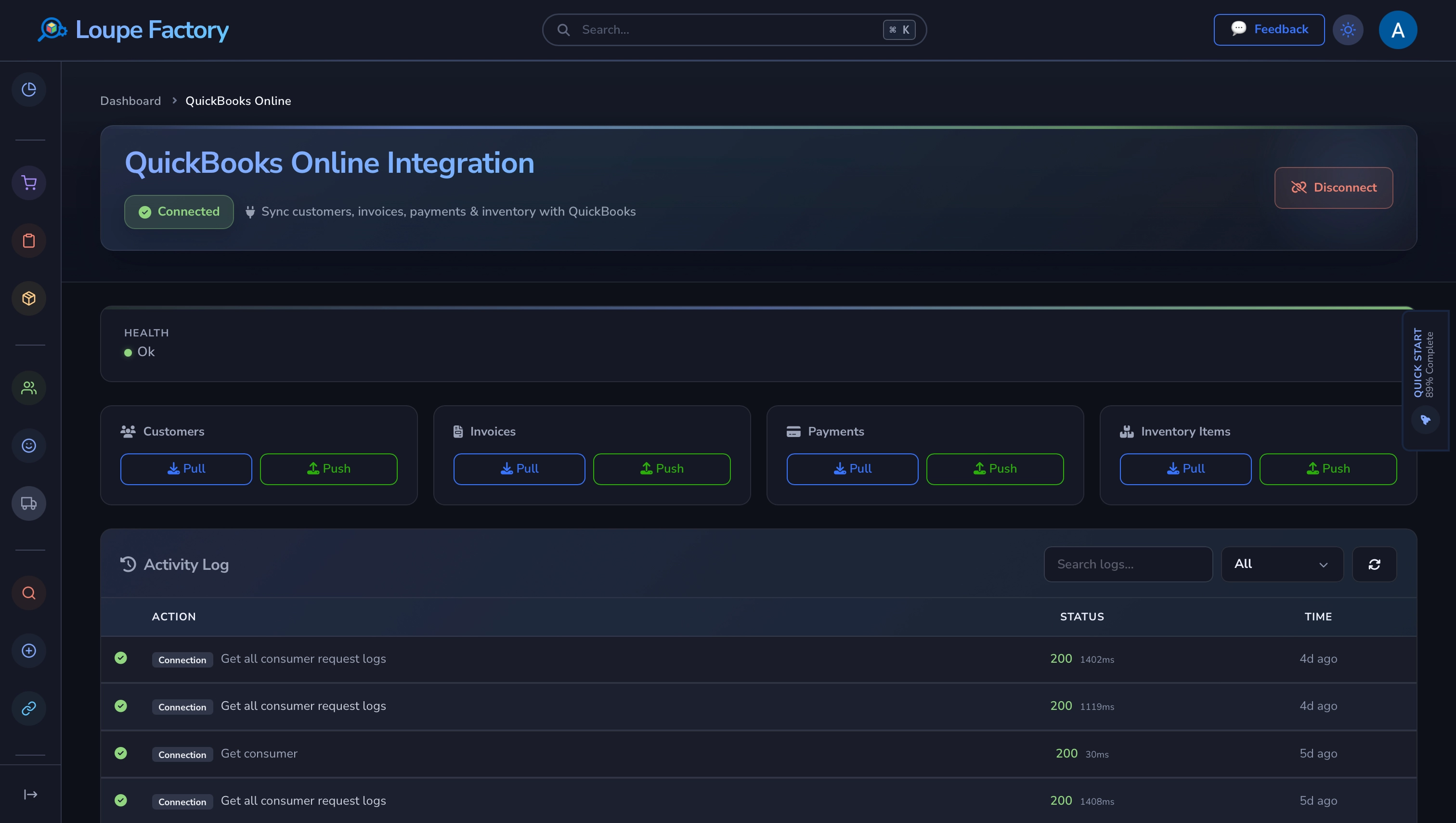 Loupe Factory QuickBooks Online integration showing customer, invoice, payment, and inventory sync in dark mode.
