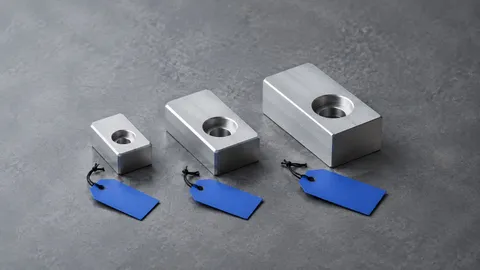 Three precision-machined aluminum blocks in increasing sizes with cobalt-blue price tags on a slate workbench.