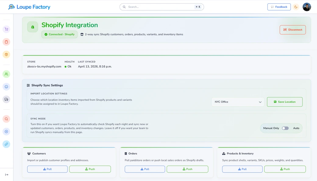 Loupe Factory Shopify integration showing customer, order, and product sync controls.
