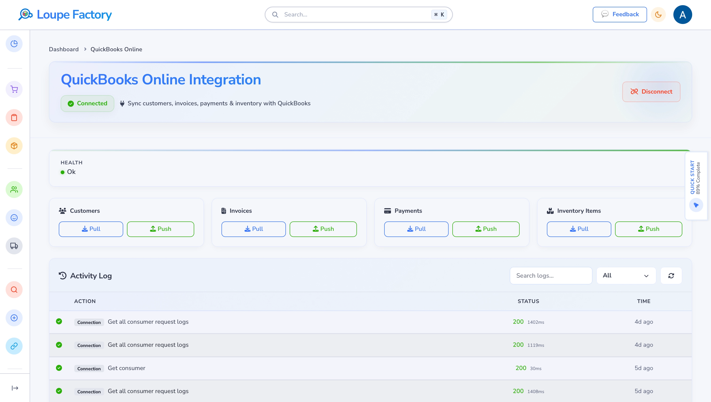 Loupe Factory QuickBooks Online integration showing customer, invoice, payment, and inventory sync.