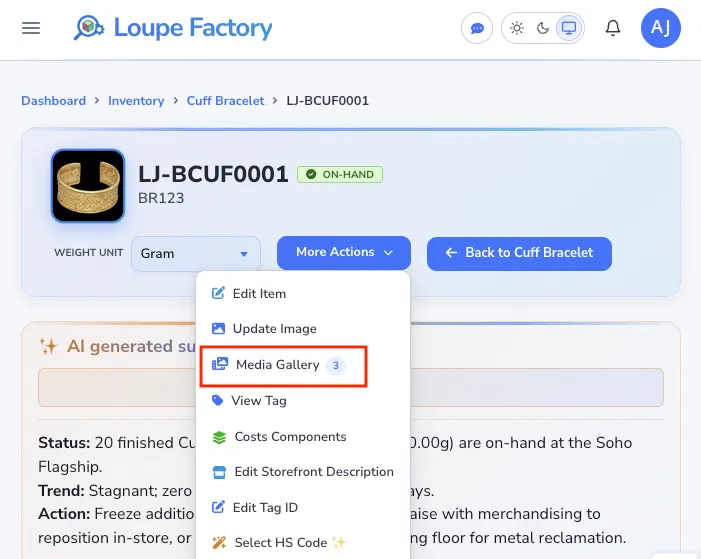 The More Actions menu on an inventory item, with Media Gallery highlighted and a count of 3 files.