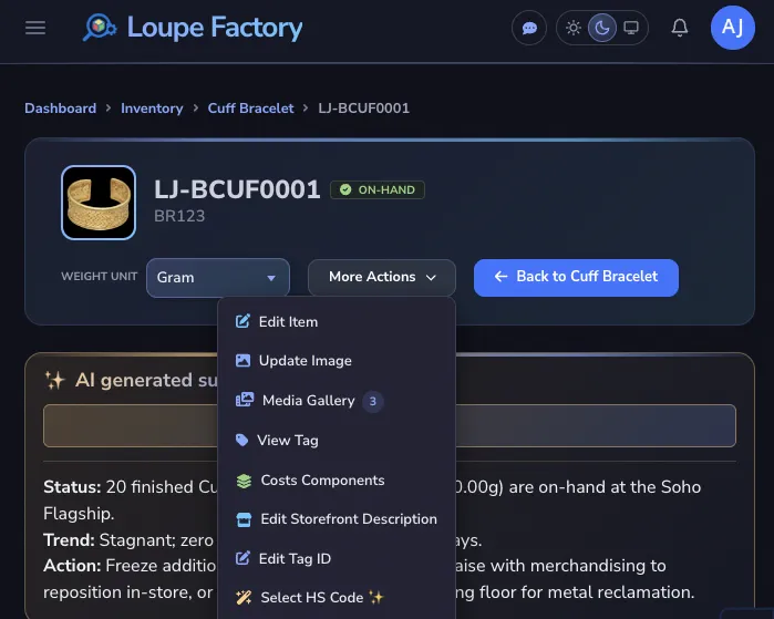 The More Actions menu on an inventory item in dark mode, with Media Gallery showing a count of 3 files.