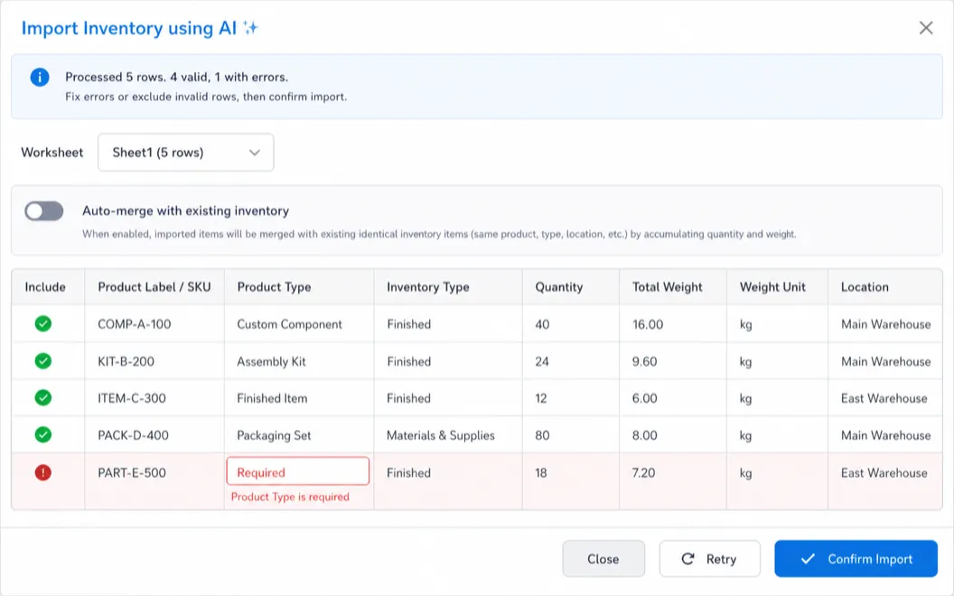 The Import Inventory using AI preview grid showing four valid rows and one row flagged for a missing product type, excluded before confirming the import.