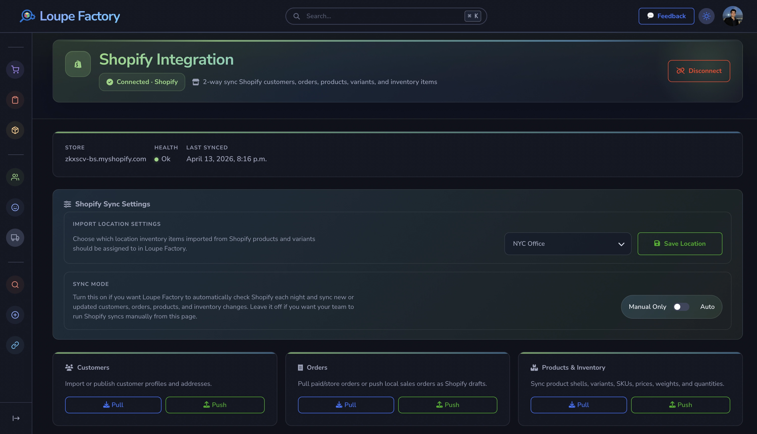 Loupe Factory Shopify integration showing customer, order, and product sync controls in dark mode.