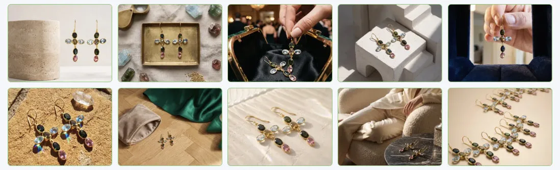 All 10 AI product shots of the same gold chandelier earrings, each in a different scene: by a stone pedestal, on a brass tray of loose stones, lifted from a velvet case, on white blocks, held up to a mirror, on sunlit sandstone, by a velvet pouch, in window light, on a side table, and in a curved line of pairs.