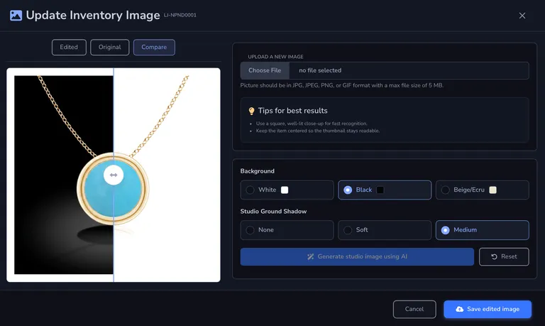 Loupe Factory AI Studio Images for Inventory comparison view.