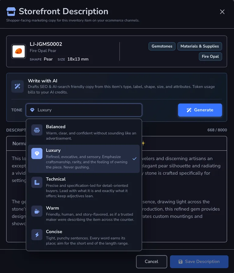 Loupe Factory's dark-mode Storefront Description editor for a pear-shaped fire opal, with Luxury selected in the five-tone menu.