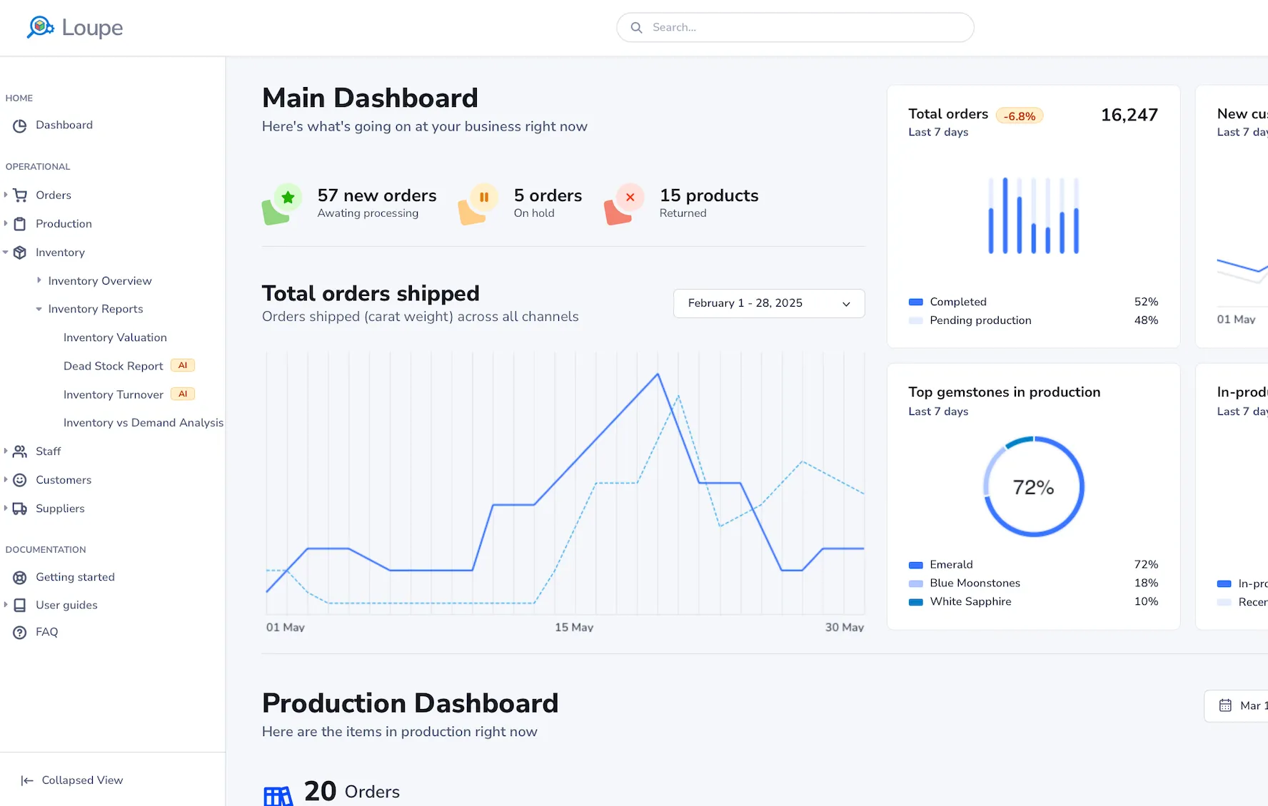 Loupe Factory operations dashboard preview for teams and inventory (light)