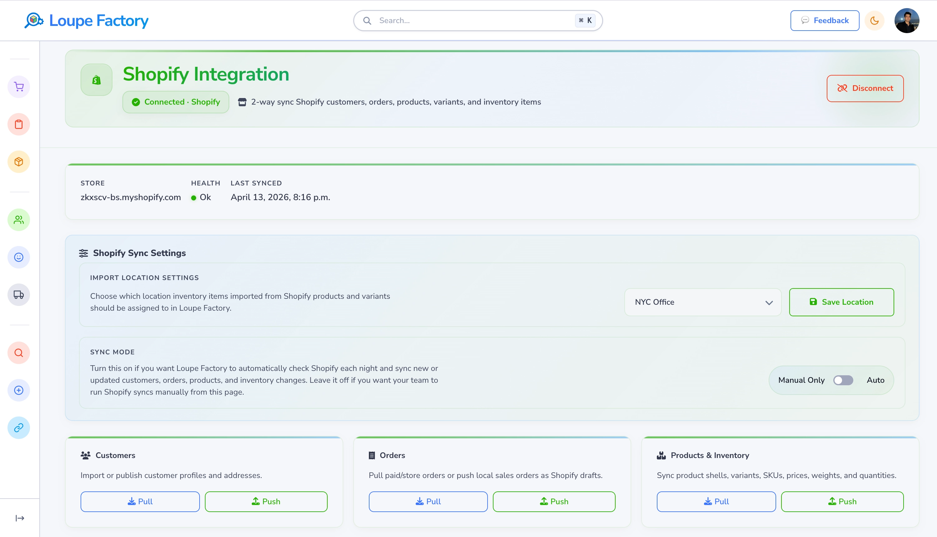 Loupe Factory Shopify integration showing customer, order, and product sync controls.