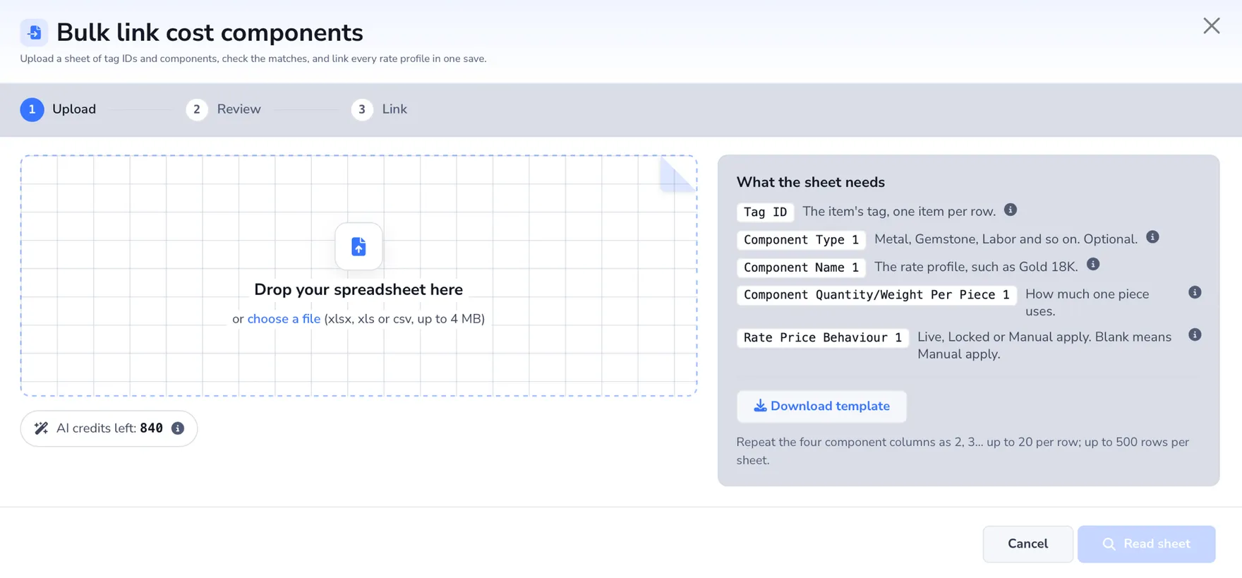 The Bulk link cost components dialog at the Upload step, with a drop zone for an XLSX, XLS, or CSV file and the columns the sheet needs: Tag ID, Component Type, Component Name, Component Quantity/Weight Per Piece, and Rate Price Behaviour.