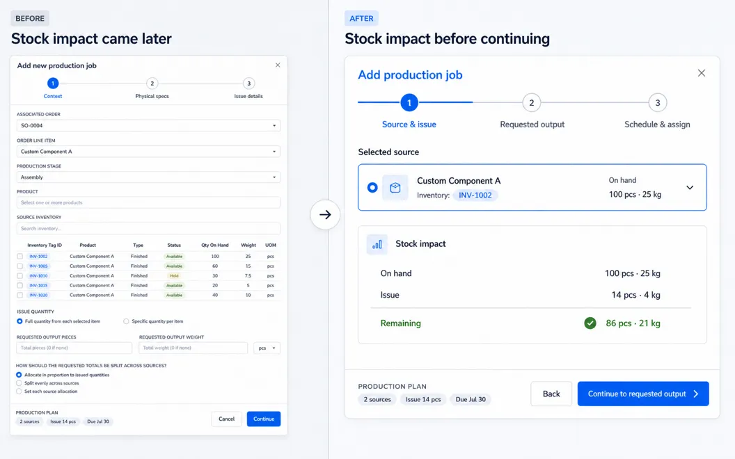 The previous production job form beside the redesigned one, which shows on hand, issue, and remaining quantities for the selected source before you continue.