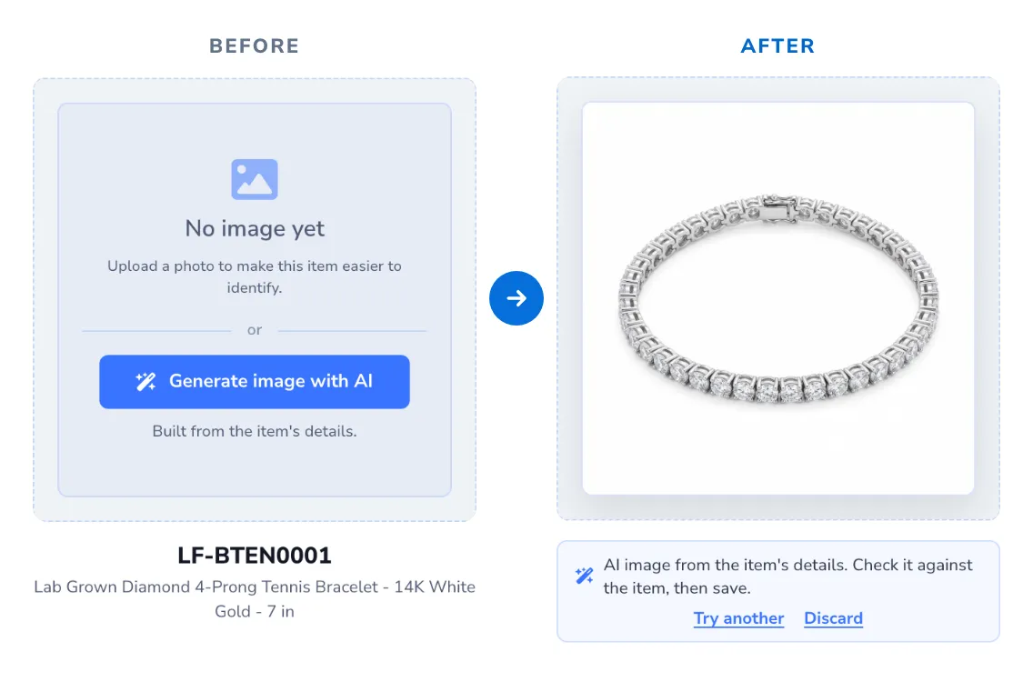 Before and after: a lab-grown diamond tennis bracelet with no image yet and the Generate image with AI button, then the AI catalog image of the bracelet on white with Try another and Discard.