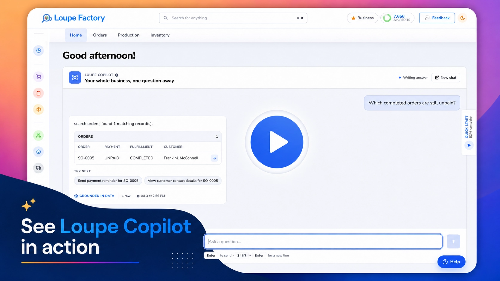 Loupe Copilot answering a business question inside the Loupe Factory dashboard.