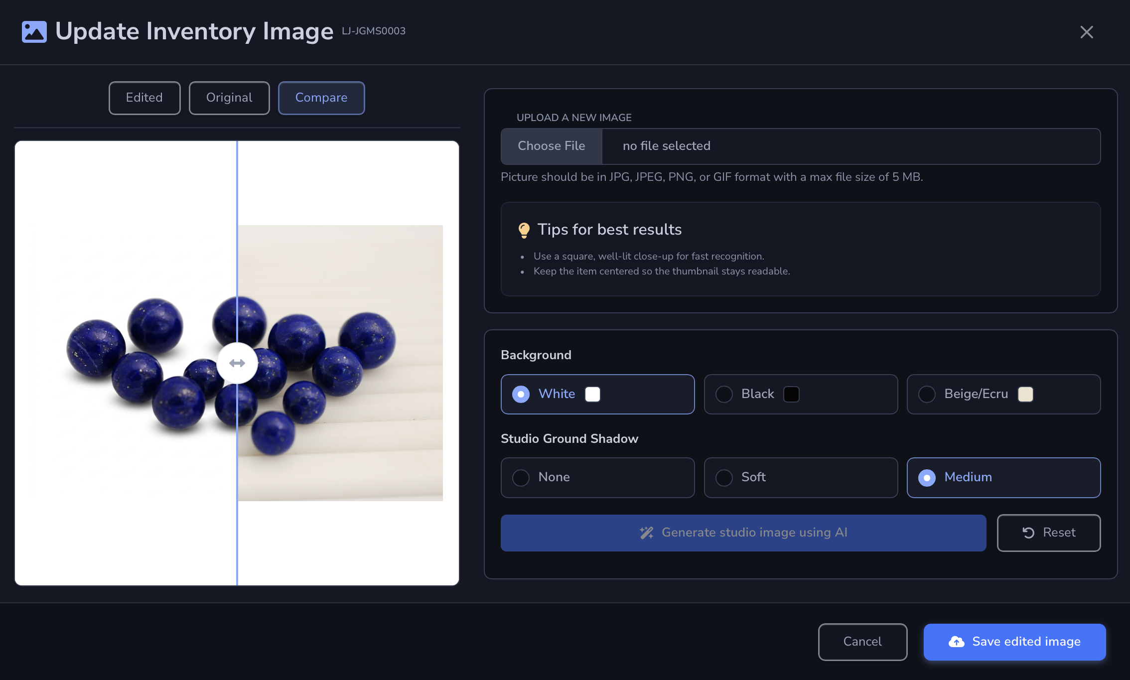 Loupe Factory AI Image Studio for Inventory showing original and AI-edited gemstone inventory images in dark mode.