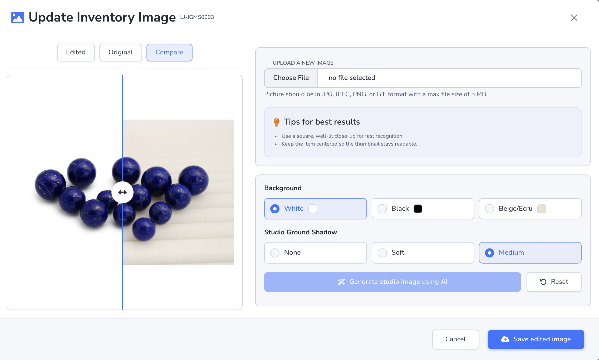 Loupe Factory AI Image Studio for Inventory showing original and AI-edited gemstone inventory images in light mode.