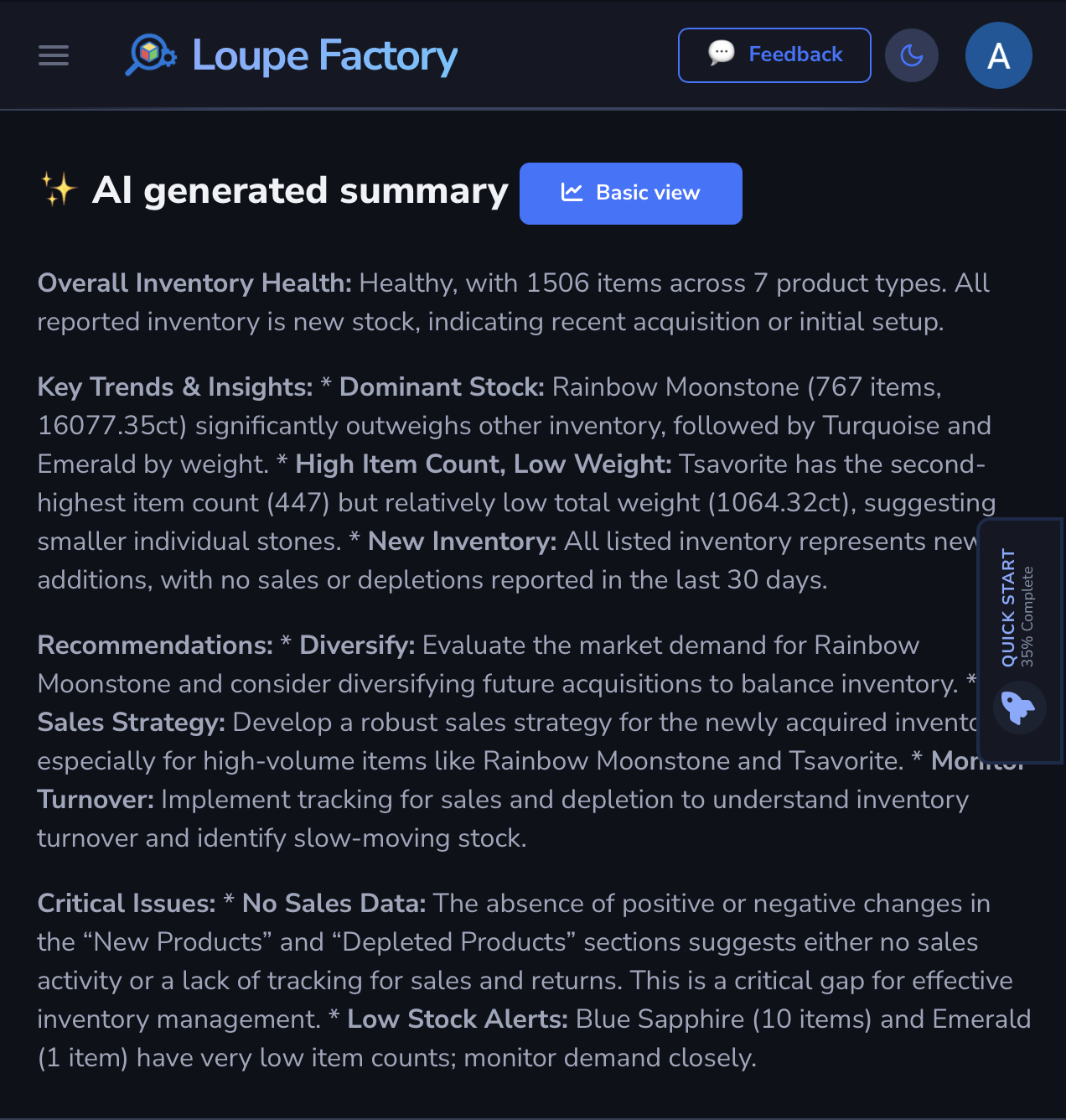 Loupe Factory AI summary demo in dark mode.