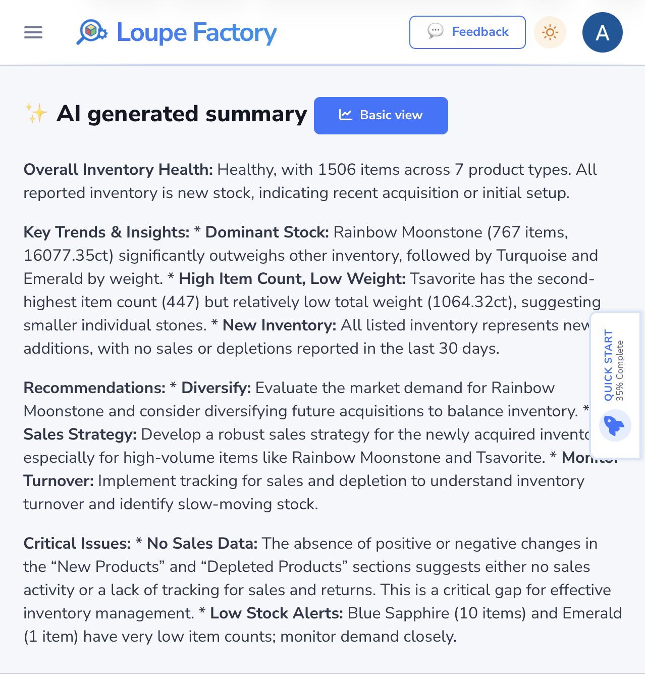 Loupe Factory AI summary demo in light mode.