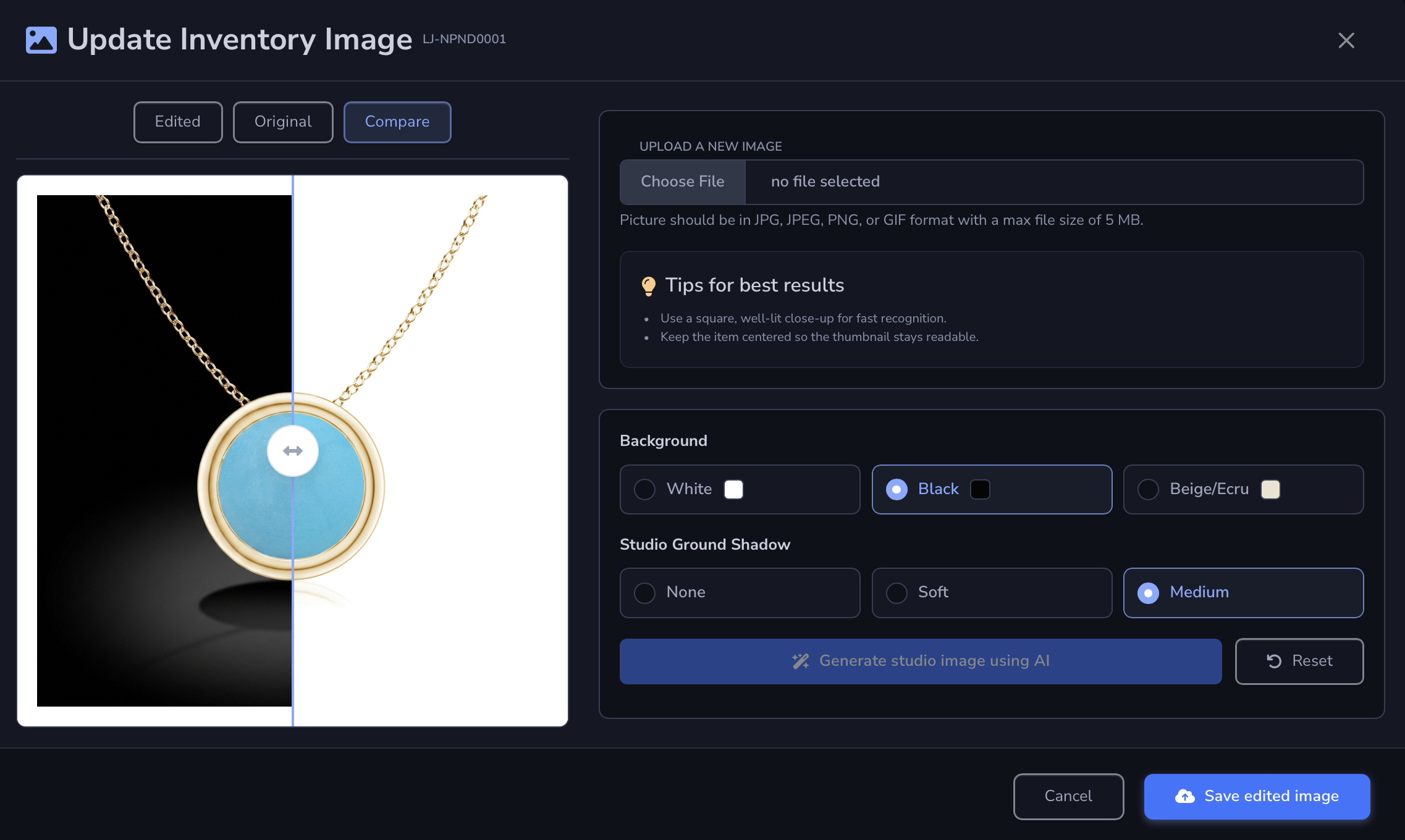 Loupe Factory AI Image Studio for Inventory showing original and AI-edited jewelry inventory images in dark mode.