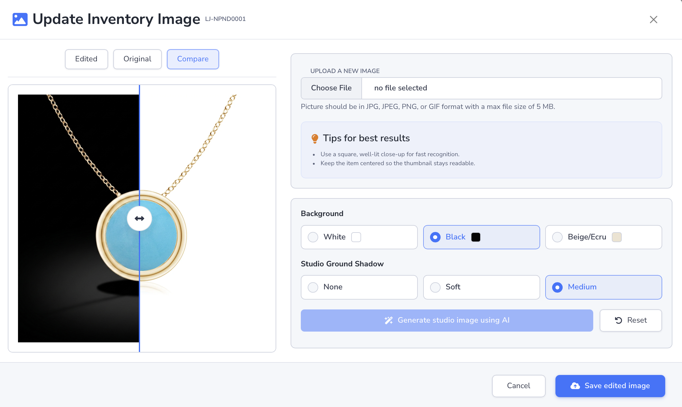 Loupe Factory AI Image Studio for Inventory showing original and AI-edited jewelry inventory images in light mode.