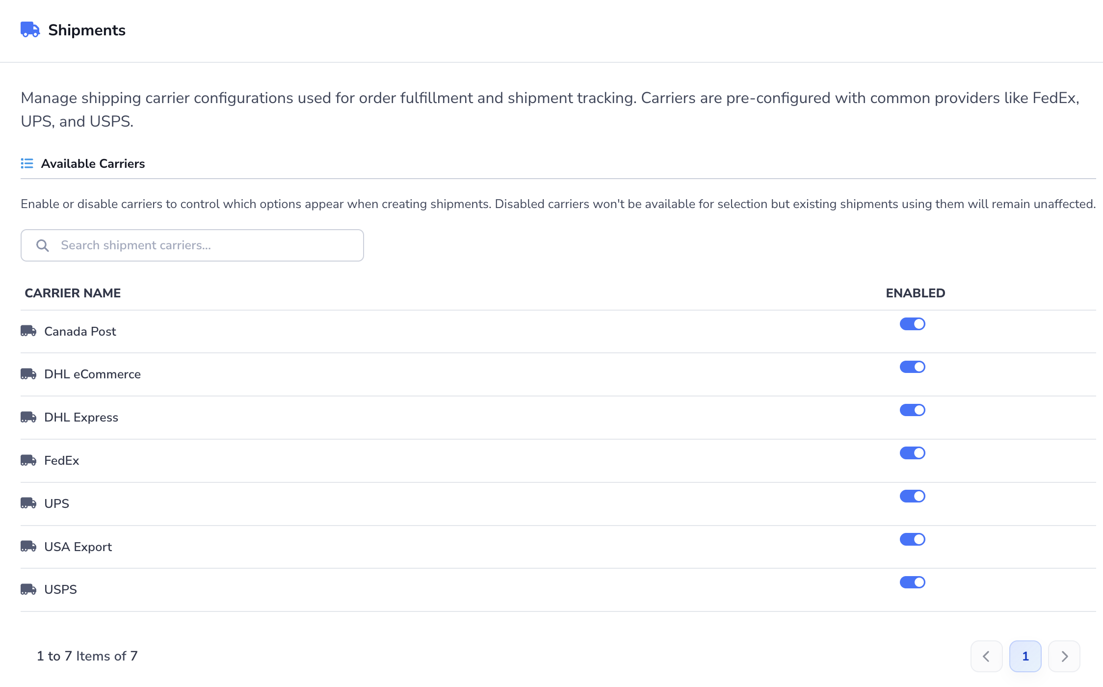 Loupe Factory Shipments settings screen listing enabled shipping carriers used for order fulfillment and shipment tracking.