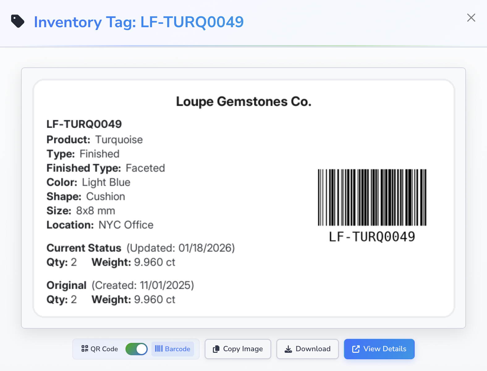 Loupe Factory inventory tag modal showing a finished turquoise item with a barcode.