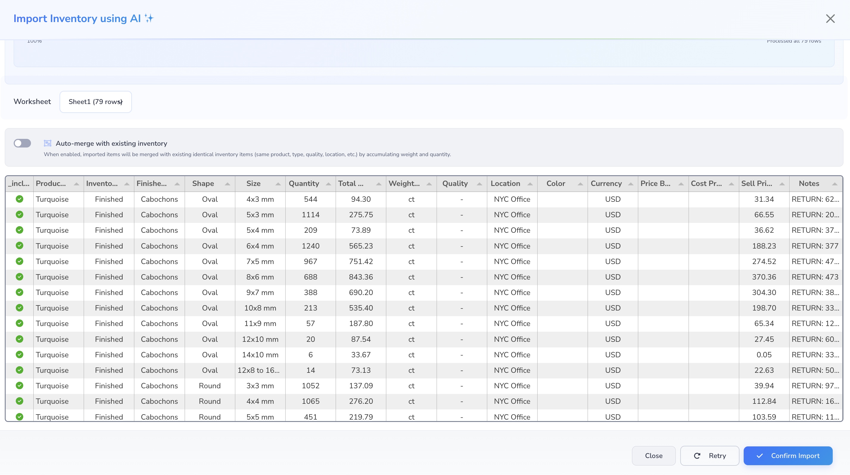 Loupe Factory AI spreadsheet import parsed table.