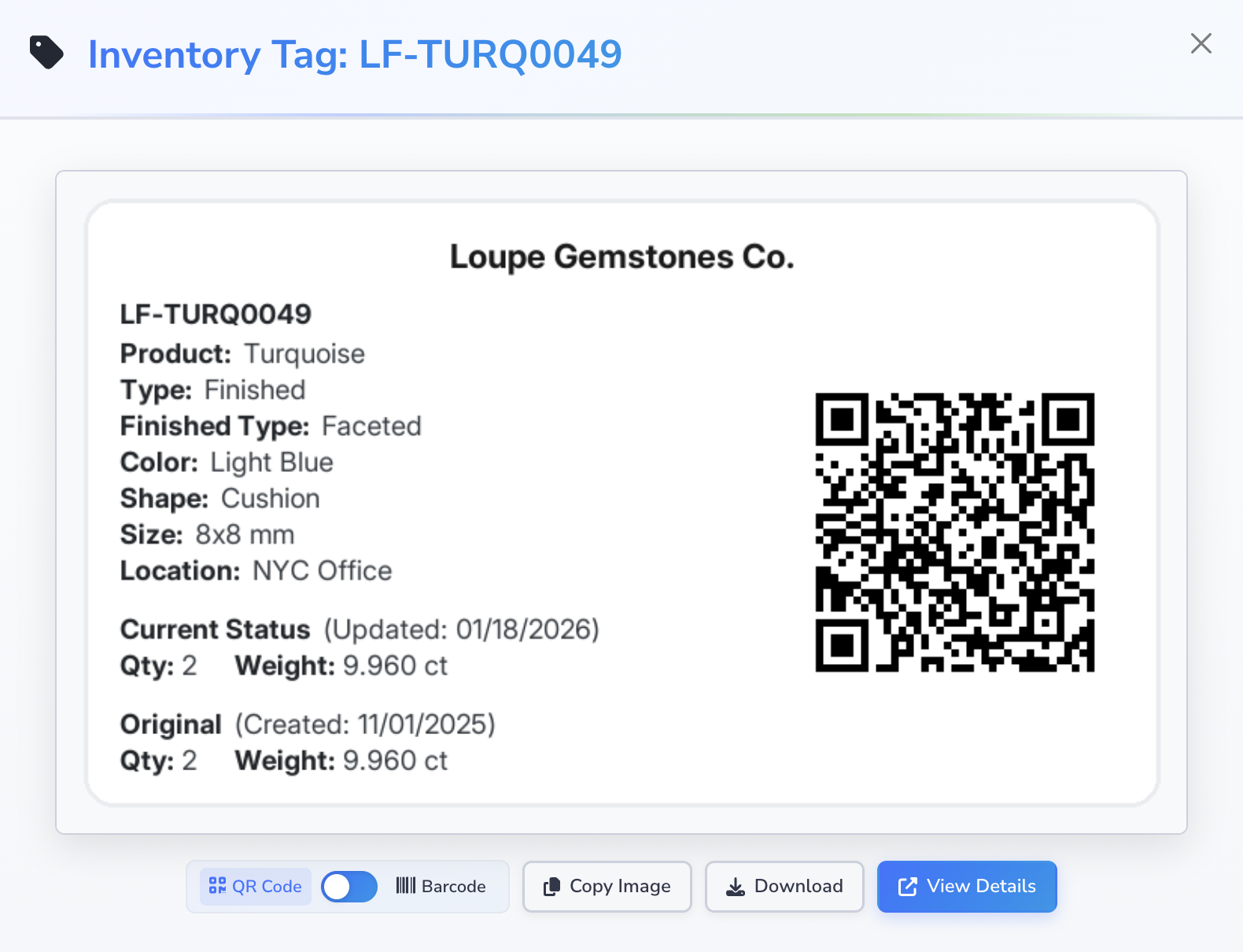 Loupe Factory inventory tag modal showing a finished turquoise item with a QR code.
